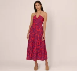 Adrianna Papell Wedding Guest Dresses|Day Dresses*Abstract Flower Print Maxi Dress With Halter Neckline In Purple Red