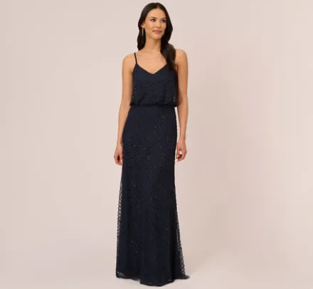 Adrianna Papell Wedding Guest Dresses|Formal Dresses*Art Deco Beaded Blouson Gown In Navy Black