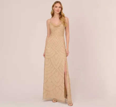 Adrianna Papell Wedding Guest Dresses|Formal Dresses*Art Deco Beaded Mermaid Gown With Cowl Neckline In Champagne Gold