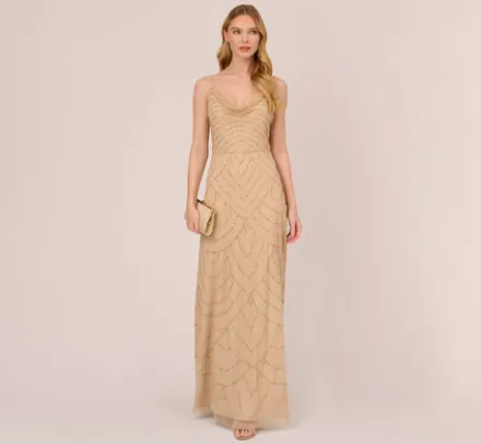 Adrianna Papell Wedding Guest Dresses|Formal Dresses*Art Deco Beaded Mermaid Gown With Cowl Neckline In Champagne Gold