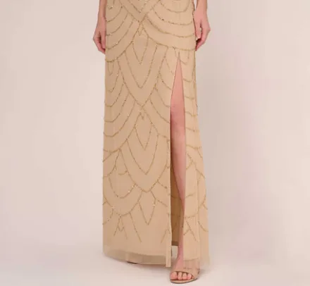 Adrianna Papell Wedding Guest Dresses|Formal Dresses*Art Deco Beaded Mermaid Gown With Cowl Neckline In Champagne Gold