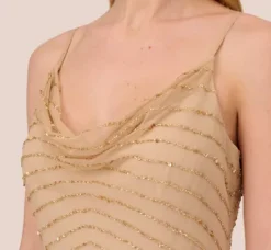 Adrianna Papell Wedding Guest Dresses|Formal Dresses*Art Deco Beaded Mermaid Gown With Cowl Neckline In Champagne Gold