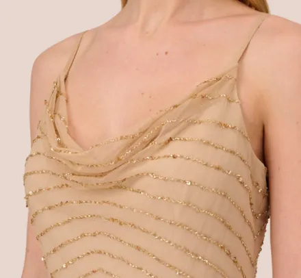 Adrianna Papell Wedding Guest Dresses|Formal Dresses*Art Deco Beaded Mermaid Gown With Cowl Neckline In Champagne Gold