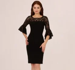 Adrianna Papell Wedding Guest Dresses|Day Dresses*Banded Jersey Dress With Sheer Lace Bell Sleeves In