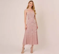 Adrianna Papell Wedding Guest Dresses|Grandmother Of The Bride & Groom*Beaded Ankle-Length Dress With Sheer Neckline In Dusted Petal Ivory