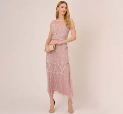 Adrianna Papell Wedding Guest Dresses|Grandmother Of The Bride & Groom*Beaded Ankle-Length Dress With Sheer Neckline In Dusted Petal Ivory