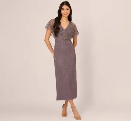Adrianna Papell Wedding Guest Dresses|Formal Dresses*Beaded Ankle Length Dress With Sheer Flutter Sleeves In