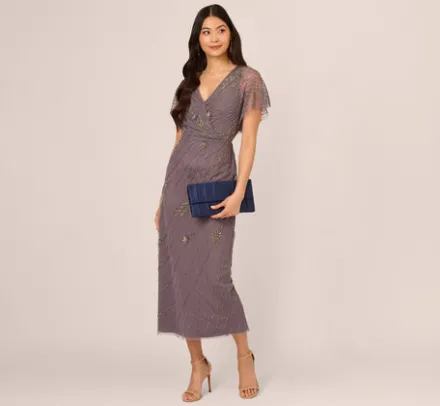 Adrianna Papell Wedding Guest Dresses|Formal Dresses*Beaded Ankle Length Dress With Sheer Flutter Sleeves In