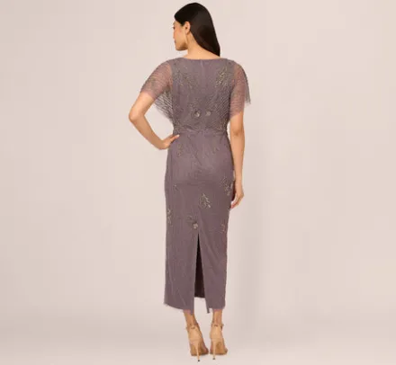 Adrianna Papell Wedding Guest Dresses|Formal Dresses*Beaded Ankle Length Dress With Sheer Flutter Sleeves In