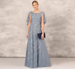 Adrianna Papell Wedding Guest Dresses|Formal Dresses*Beaded Ball Gown With Cape Sleeves In Vintage Blue