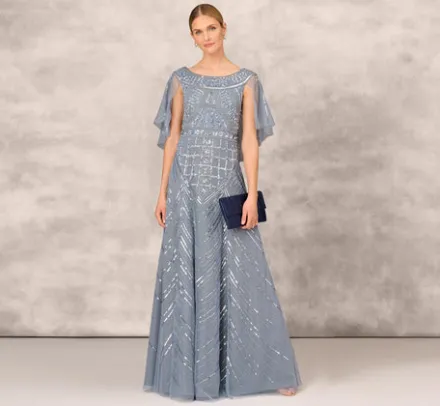 Adrianna Papell Wedding Guest Dresses|Formal Dresses*Beaded Ball Gown With Cape Sleeves In Vintage Blue