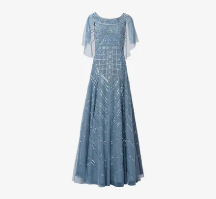 Adrianna Papell Wedding Guest Dresses|Formal Dresses*Beaded Ball Gown With Cape Sleeves In Vintage Blue