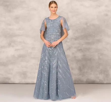 Adrianna Papell Wedding Guest Dresses|Formal Dresses*Beaded Ball Gown With Cape Sleeves In Vintage Blue