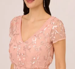 Adrianna Papell Wedding Guest Dresses|Formal Dresses*Beaded Blouson Mermaid Gown With Sheer Short Sleeves In Coral Coast