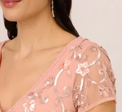 Adrianna Papell Wedding Guest Dresses|Formal Dresses*Beaded Blouson Mermaid Gown With Sheer Short Sleeves In Coral Coast