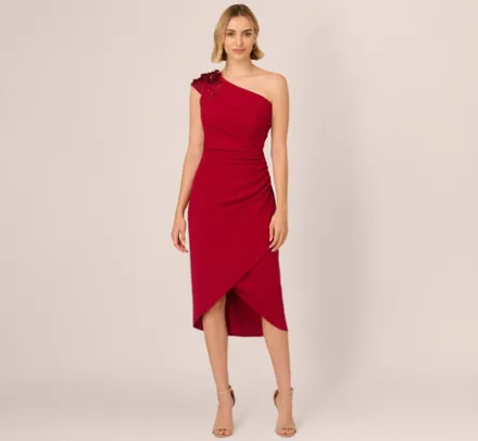 Adrianna Papell Wedding Guest Dresses|Petite-Friendly*Beaded Crepe One Shoulder Wrap Dress In
