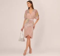 Adrianna Papell Wedding Guest Dresses*Beaded Faux Wrap Dress With Dolman Sleeves In Rose Gold