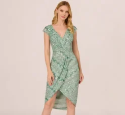 Adrianna Papell Wedding Guest Dresses|Petite-Friendly*Beaded Faux Wrap Dress With Sheer Cap Sleeves In Icy Sage