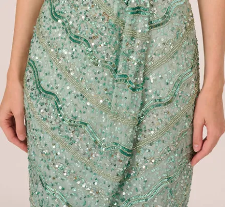 Adrianna Papell Wedding Guest Dresses|Petite-Friendly*Beaded Faux Wrap Dress With Sheer Cap Sleeves In Icy Sage