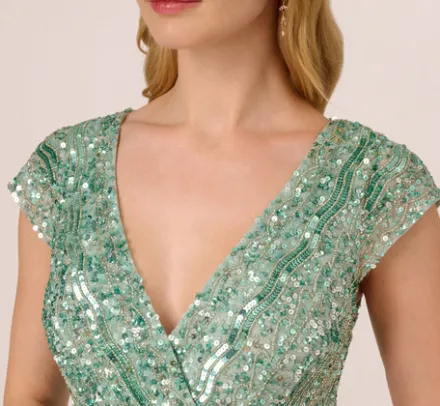 Adrianna Papell Wedding Guest Dresses|Petite-Friendly*Beaded Faux Wrap Dress With Sheer Cap Sleeves In Icy Sage