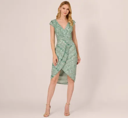 Adrianna Papell Wedding Guest Dresses|Petite-Friendly*Beaded Faux Wrap Dress With Sheer Cap Sleeves In Icy Sage