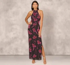 Adrianna Papell Wedding Guest Dresses|Formal Dresses*Beaded Floral Halter Column Gown With Mock Neck In Black Multi