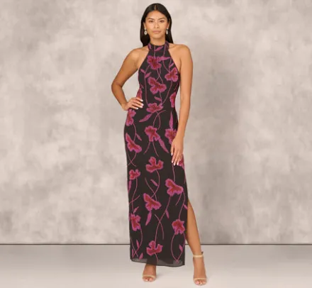 Adrianna Papell Wedding Guest Dresses|Formal Dresses*Beaded Floral Halter Column Gown With Mock Neck In Black Multi