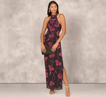 Adrianna Papell Wedding Guest Dresses|Formal Dresses*Beaded Floral Halter Column Gown With Mock Neck In Black Multi