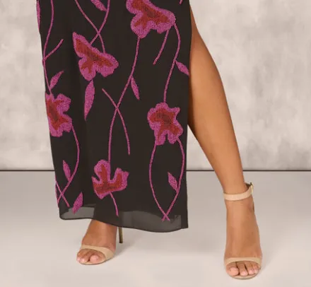 Adrianna Papell Wedding Guest Dresses|Formal Dresses*Beaded Floral Halter Column Gown With Mock Neck In Black Multi