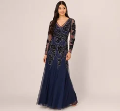 Adrianna Papell Wedding Guest Dresses|Formal Dresses*Beaded Long Sleeve Mermaid Gown With Velvet Trim In Light Navy