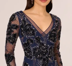 Adrianna Papell Wedding Guest Dresses|Formal Dresses*Beaded Long Sleeve Mermaid Gown With Velvet Trim In Light Navy