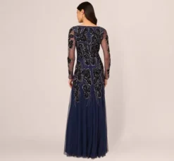 Adrianna Papell Wedding Guest Dresses|Formal Dresses*Beaded Long Sleeve Mermaid Gown With Velvet Trim In Light Navy