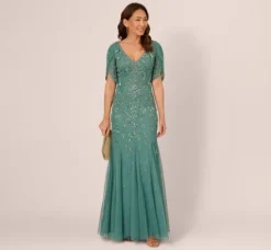 Adrianna Papell Wedding Guest Dresses|Formal Dresses*Beaded Mermaid Gown With Sheer Petal Sleeves In Green Slate