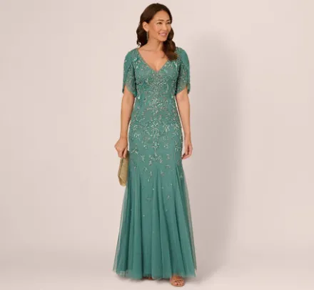 Adrianna Papell Wedding Guest Dresses|Formal Dresses*Beaded Mermaid Gown With Sheer Petal Sleeves In Green Slate