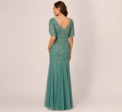 Adrianna Papell Wedding Guest Dresses|Formal Dresses*Beaded Mermaid Gown With Sheer Petal Sleeves In Green Slate