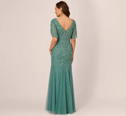 Adrianna Papell Wedding Guest Dresses|Formal Dresses*Beaded Mermaid Gown With Sheer Petal Sleeves In Green Slate