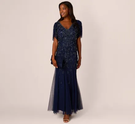Adrianna Papell Wedding Guest Dresses|Formal Dresses*Beaded Mermaid Gown With Sheer Petal Sleeves In Light Navy