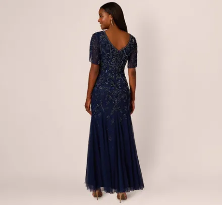 Adrianna Papell Wedding Guest Dresses|Formal Dresses*Beaded Mermaid Gown With Sheer Petal Sleeves In Light Navy