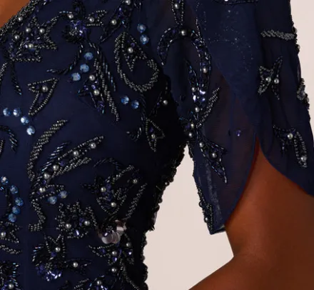 Adrianna Papell Wedding Guest Dresses|Formal Dresses*Beaded Mermaid Gown With Sheer Petal Sleeves In Light Navy