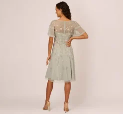 Adrianna Papell Wedding Guest Dresses|Petite-Friendly*Beaded Midi Dress With Sheer Ruffled Sleeves In Frosted Sage