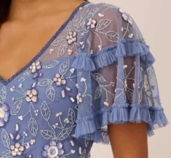 Adrianna Papell Wedding Guest Dresses|Petite-Friendly*Beaded Midi Dress With Sheer Ruffled Sleeves In French Blue