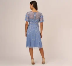 Adrianna Papell Wedding Guest Dresses|Petite-Friendly*Beaded Midi Dress With Sheer Ruffled Sleeves In French Blue