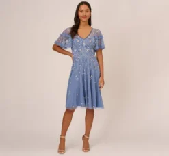 Adrianna Papell Wedding Guest Dresses|Petite-Friendly*Beaded Midi Dress With Sheer Ruffled Sleeves In French Blue