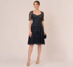 Adrianna Papell Wedding Guest Dresses|Petite-Friendly*Beaded Midi Dress With Sheer Short Sleeves In