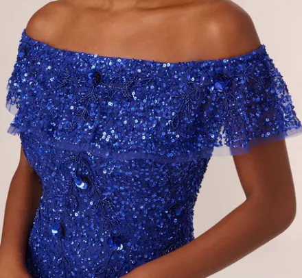 Adrianna Papell Wedding Guest Dresses|Formal Dresses*Beaded Off The Shoulder Mermaid Gown With Flutter Neck In Ultra Blue