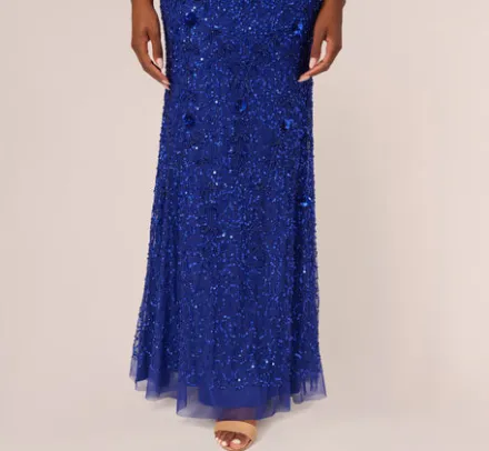 Adrianna Papell Wedding Guest Dresses|Formal Dresses*Beaded Off The Shoulder Mermaid Gown With Flutter Neck In Ultra Blue