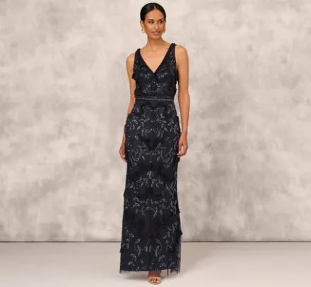 Adrianna Papell Wedding Guest Dresses|Formal Dresses*Beaded Ruffle Sleeveless Gown With V-Neck And Back In