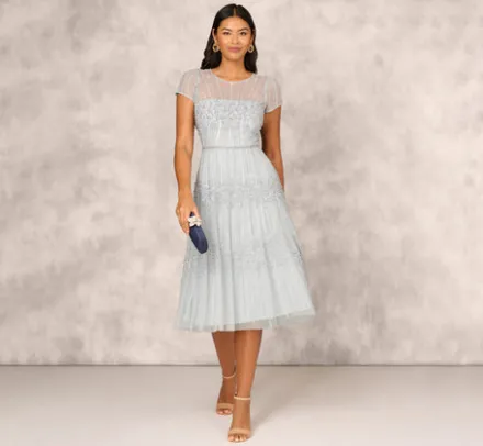Adrianna Papell Wedding Guest Dresses|Petite-Friendly*Beaded Short Sleeve Midi Dress With Sheer Details In Snow Globe