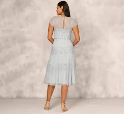 Adrianna Papell Wedding Guest Dresses|Petite-Friendly*Beaded Short Sleeve Midi Dress With Sheer Details In Snow Globe