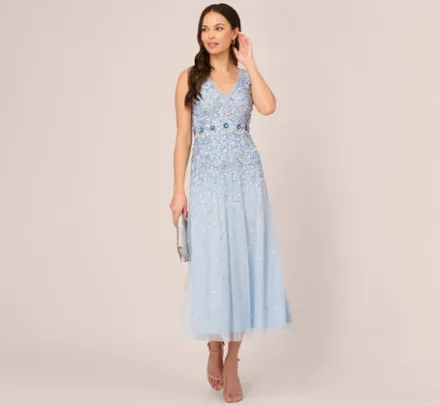 Adrianna Papell Wedding Guest Dresses|Grandmother Of The Bride & Groom*Beaded Sleeveless Ankle Length Gown With V Back In Elegant Sky